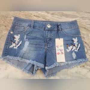 Kiss Therapy NWT Women’s Size 5 Embroidered Distressed Denim Shorts Raw Hem Blue